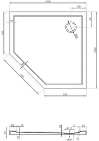 Mexen Flow Slim, päťuholníková úzka sprchová vanička 100 x 100 cm, biela lesklá, 46P101010
