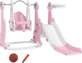 AIYAPLAY Detské šmykľavka 4 v 1 Detské ihrisko so hojdačkou a šmykľavkou, lezecím prvkom a basketbalovým hoopom, raketová téma na vnútorné hranie ružo