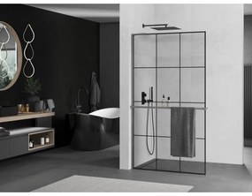 Mexen Kioto+ L, sprchová zástena Walk-In s poličkou a vešiakom 120 x 200 cm, 8mm číre sklo čierny vzor, grafitový profil, 800-120-123-66-77