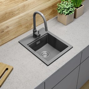 Sink Quality Ferrum New 4050, 1-komorový granitový drez 400x500x185 mm + čierny sifón, šedá, SKQ-FER.4050.G.XB