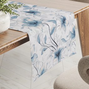 Biante Bavlnený behúň na stôl Sandra SA-737 Modro-sivé kvety vanilky na bielom 35x140 cm