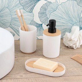 Sada kúpeľňových doplnkov Orin, biela/s čiernymi a drevenými prvkami