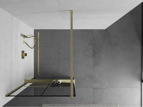 Mexen Kioto+, sprchová zástena Walk-In s poličkou a vešiakom 80 x 200 cm, 8mm číre sklo čierny vzor, zlatý matný profil, 800-080-121-55-77