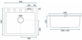 Rea West XL, 1-komorový kuchynský drez 600x500x200 mm, chrómový sifón, čierna škvrnitá, ZLE-00136