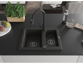 Mexen Carlos, 1,5-komorový granitový drez 582x475x177 mm a drezová batéria Elia, čierna-zlatá metalíza, 6518-75-670101-70-B