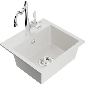 Mexen Milo, granitový drez 435x410x171 mm, 1-komorový a drezová batéria Carla, biela, 6505-20-670700-00