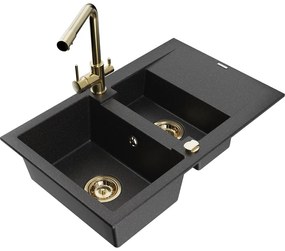 Mexen Gaspar, granitový drez 737x475x177 mm, 1,5-komorový, zlatá batéria Duero, čierna-strieborná metalíza, 6507-73-671600-50