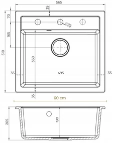 Sink Quality Ferrum, kuchynský granitový drez 565x510x205 mm + čierny sifón, čierna, SKQ-FER.C.1K60.XB