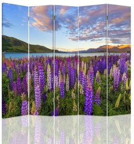 Ozdobný paraván Luční květiny fialové - 180x170 cm, päťdielny, klasický paraván