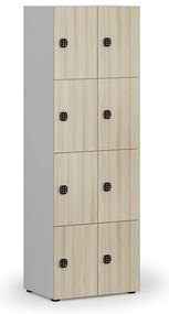 Drevená šatníková skrinka s úložnými boxmi, 8 boxov, kódový zámok, sivá/dub prírodný