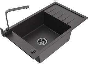 Mexen Elias, granitový drez granitový 795x480x200 mm, 1-komorový, čierna škvrnitá s čiernym sifónom a čierna drezová batéria Rita, 6511-76-670300-70-B