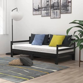 Rozkladacia denná posteľ 2x(90x200)cm, čierna, borovicový masív