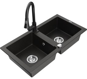 Mexen Mario, 2-komorový granitový drez 820x436x161 mm a drezová batéria Elia, čierna-zlatá metalíza, 6504-75-670101-70