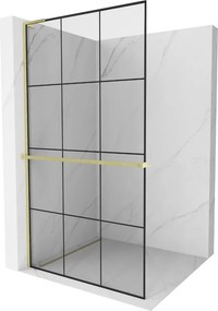 Mexen Kioto+ L, sprchová zástena Walk-In s poličkou a vešiakom 100 x 200 cm, 8mm číre sklo čierny vzor, zlatý matný profil, 800-100-123-55-77