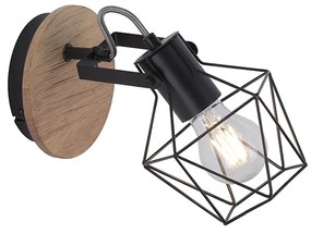 Priemyselná nástenná lampa čierna s drevom - Sven