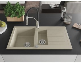 Mexen Matias, granitový drez 900x505x200 mm, 1,5-komorový a drezová batéria Aster, béžová, 6502-69-73450-07