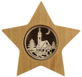 AMADEA Drevená hviezda s vkladom - kostol, masívne drevo, 10x10x3 cm