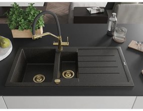 Mexen Andres, granitový drez 1000x500x200 mm, 1,5-komorový a drezová batéria Duo, čierna-zlatá metalíza, 6515-75-671701-57-G