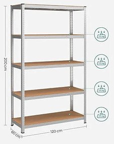 5-úrovňový oceľový regál s vysokou nosnosťou 750 kg, 60 x 120 x 200 cm, strieborný