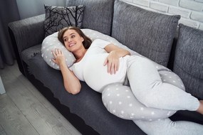 Tehotenský a dojčiaci vankúš BABYMAM PREMIUM 300 cm 3v1 - Biele hviezdičky so šedou