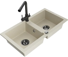 Mexen Mario, 2-komorový granitový drez 820x436x161 mm a čierna drezová batéria Duero, béžová, 6504-69-671600-70