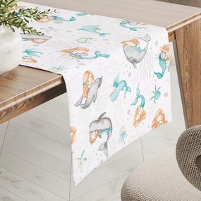 Biante Detský bavlnený behúň na stôl Sandra SA-691 Modrozelené morské panny s delfínmi a veľrybami na bielom 35x120 cm