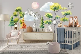 Nálepka na stenu pre deti lesné zvieratká vo svojom prirodzenom prostredí 150 x 300 cm