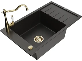 Mexen Elias, granitový drez 795x480x200 mm, 1-komorový a drezová batéria Carla, čierna-zlatá metalíza, 6511-75-670700-50