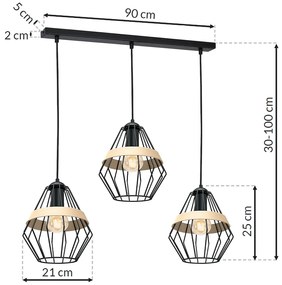 Závesné svietidlo Cliff, 3x drevené/čierne drôtené tienidlo, b