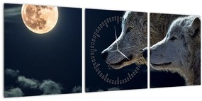 Obraz vlkov vyjúcich na mesiac (s hodinami) (90x30 cm)