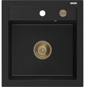 Mexen Vito granitový jednokomorový drez 520 x 490 mm, Čierna, Sifón Zlatá - 6503521000-77-G