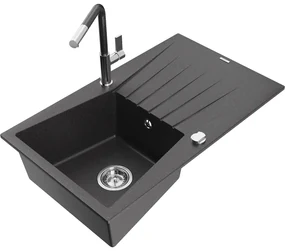 Mexen Cesar, 1-komorový granitový drez 775x470x190 mm a drezová batéria Flora, čierna škvrnitá, 6514-76-670401-08