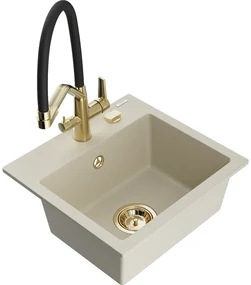 Mexen Milo, granitový drez 435x410x171 mm, 1-komorový a drezová batéria Duo, béžová, 6505-69-671701-57-G