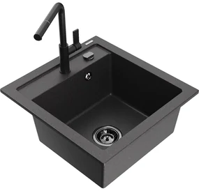 Mexen Vito, 1-komorový granitový drez 490x520x210 mm a drezová batéria Flora, čierna škvrnitá, 6503-76-670401-70-B