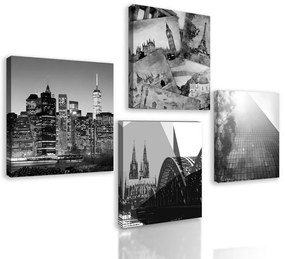 Set obrazov mestá v čiernobielom prevedení