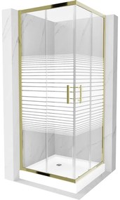 Mexen Rio, štvorcový sprchovací kút s posuvnými dverami 80(dvere) x 80(dvere) x 190 cm, 6mm číre sklo s pásikmi, zlatý profil + biela sprchová vanička RIO, 860-080-080-50-20-4510