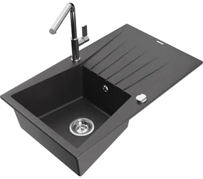 Mexen Cesar, 1-komorový granitový drez 775x470x190 mm a drezová batéria Flora, čierna škvrnitá, 6514-76-670401-00