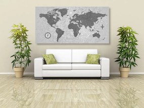 Obraz mapa sveta s kompasom v retro štýle v čiernobielom prevedení - 100x50