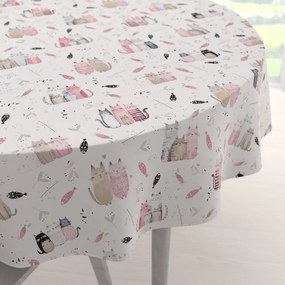 Biante Detský bavlnený okrúhly obrus Sandra SA-654 Mačací svet ružovo-hnedý na bielom Ø 90 cm