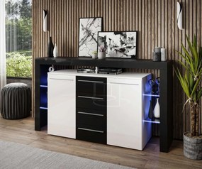KOMODA ELIS LED ČIERNO BIELA ČIERNE ŠUPLÍKY VYSOKÝ LESK 170 cm