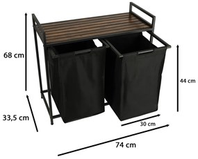 KIK KX4348 Dvoukomorový koš na prádlo s dřevěnou stolní policí rustikální LOFT černý AKCE