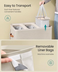 Kôš na prádlo, 190 l, 3 priehradkový kôš na prádlo, 64 x 40 x 75 cm, cappuccino béžový