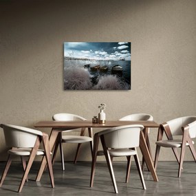 Sklenený obraz - Drevené loďky na jazere (70x50 cm)