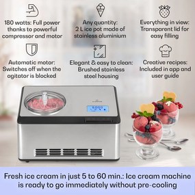 Klarstein Dolce Bacio Smart, zmrzlinovač a jogurtovač, kompresor, 2 l, Wi-Fi, dotykový displej, nehrdzavejúca oceľ