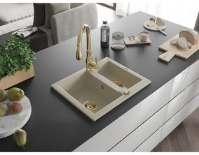 Mexen Carlos, 1,5-komorový granitový drez 582x475x177 mm a drezová batéria Savita, béžová, 6518-69-672601-50
