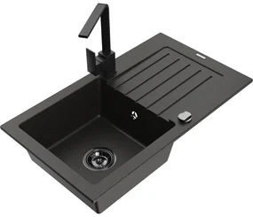 Mexen Pablo, granitový drez 752x436x161 mm, 1-komorový a čierna batéria Rita, čierna-zlatá metalíza, 6510-75-670300-70-B
