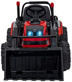 Červený detský elektrický traktorový bager 12V s diaľkovým ovládaním, pohyblivým ramenom a FM rádiom