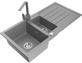 Mexen Andres, granitový drez 1000x500x200 mm, 1,5-komorový, šedá s chrómovým sifónom a šedá drezová batéria Rita, 6515-71-670300-71