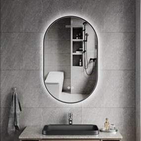 Erga Freya, oválne LED zrkadlo 50x80cm v čiernom kovovom ráme, 3 farby svetla, zadné osvetlenie, vyhrievacia podložka proti zapareniu, ERG-V01-FREYA-5080-BK