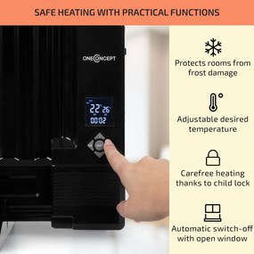 OneConcept Wallander, olejový radiátor, 600 W, termostat, olejové vyhrievanie, plochý dizajn, čierny